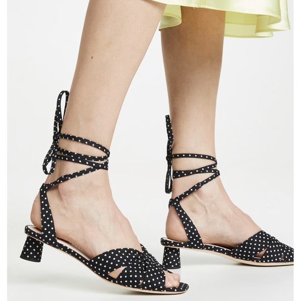 Loeffler Randall Leia Sandals Black Polka Dot Ankle Wrap Low Block‎ Heel Sz 5.5